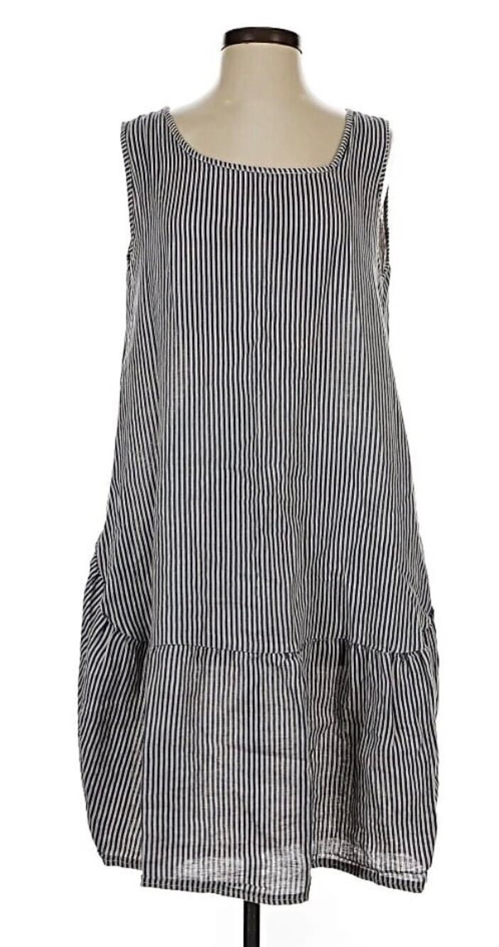 ITALIAN "PURE VENICE" 100% LINEN Sleeveless Striped Dress Gray / White S M L XL